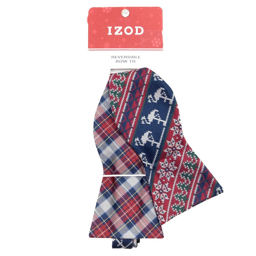 New Izod Reversible Self Tie Adjustable Red Plaid Christmas 100% Silk Bow Tie